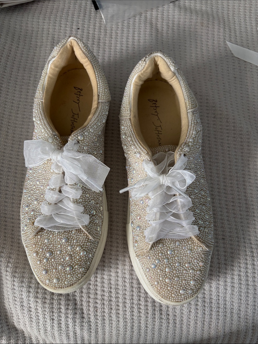 Betsey Johnson Cream Pearl & Crystal Embellished Sneakers